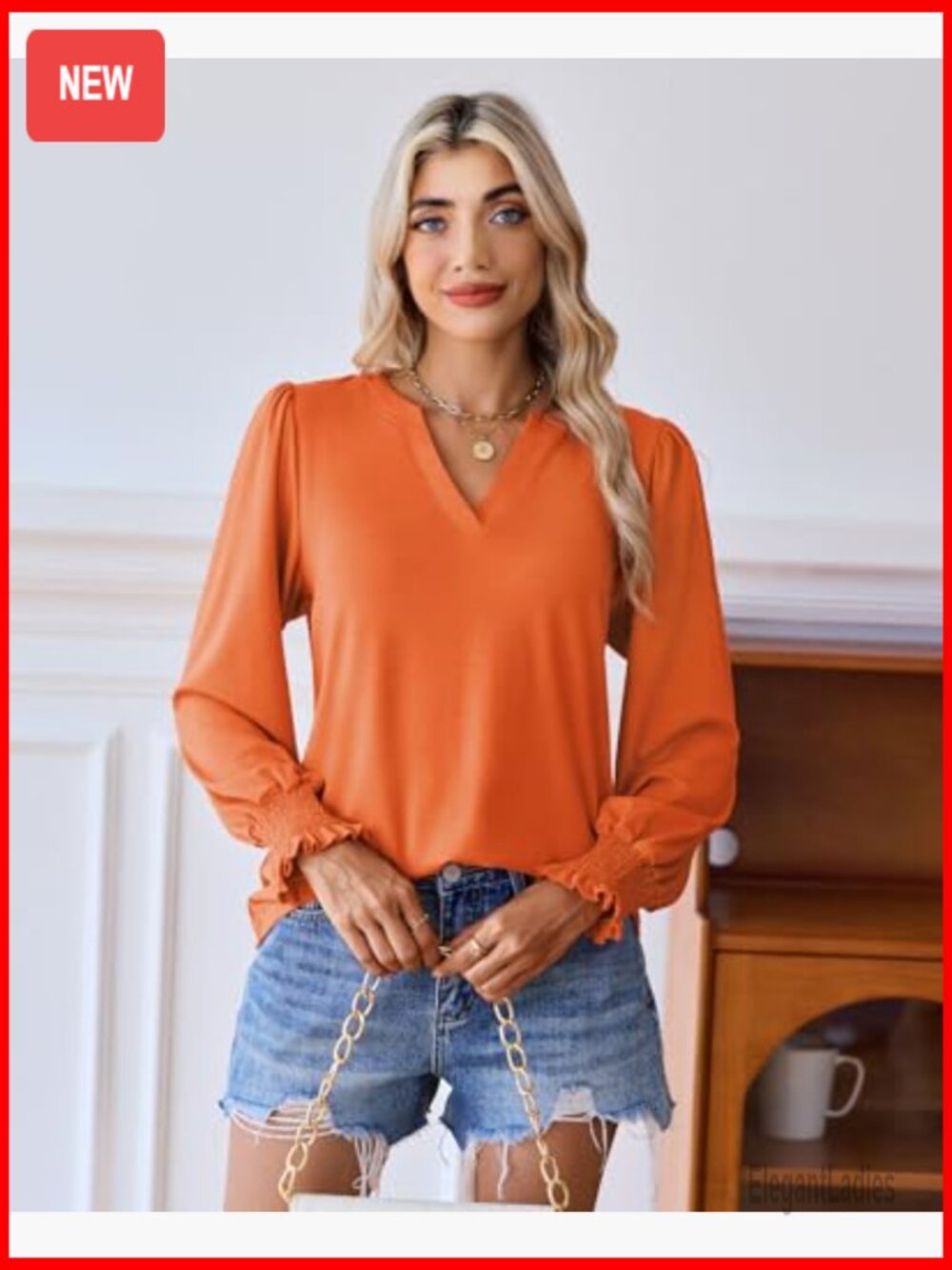 Women's V-Neck Long Sleeve Tunic Blouse Dressy Casual Tops with Smocked Cuffs - Picture 6 of 7